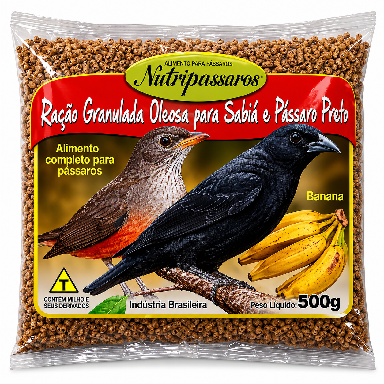 NUTRIPÁSSAROS  Ração Granulada Oleosa para Sabiá e Pássaro Preto • Banana • 500g
