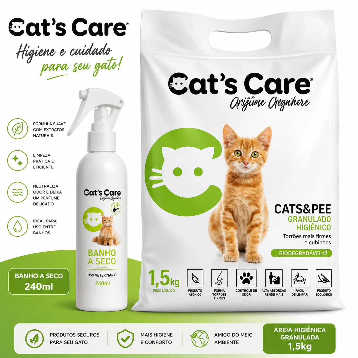 CAT’S CARE  Kit Higiene Felina Premium • Banho a Seco 240ml + Granulado Higiênico 1,5kg