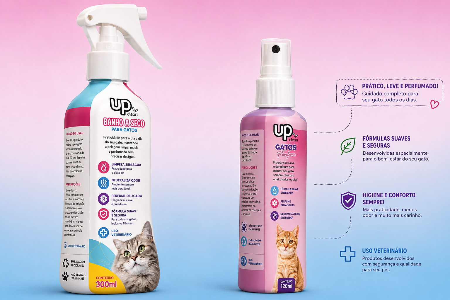 UP CLEAN  Kit para Gatos – Banho a Seco + Perfume • 300ml + 120ml