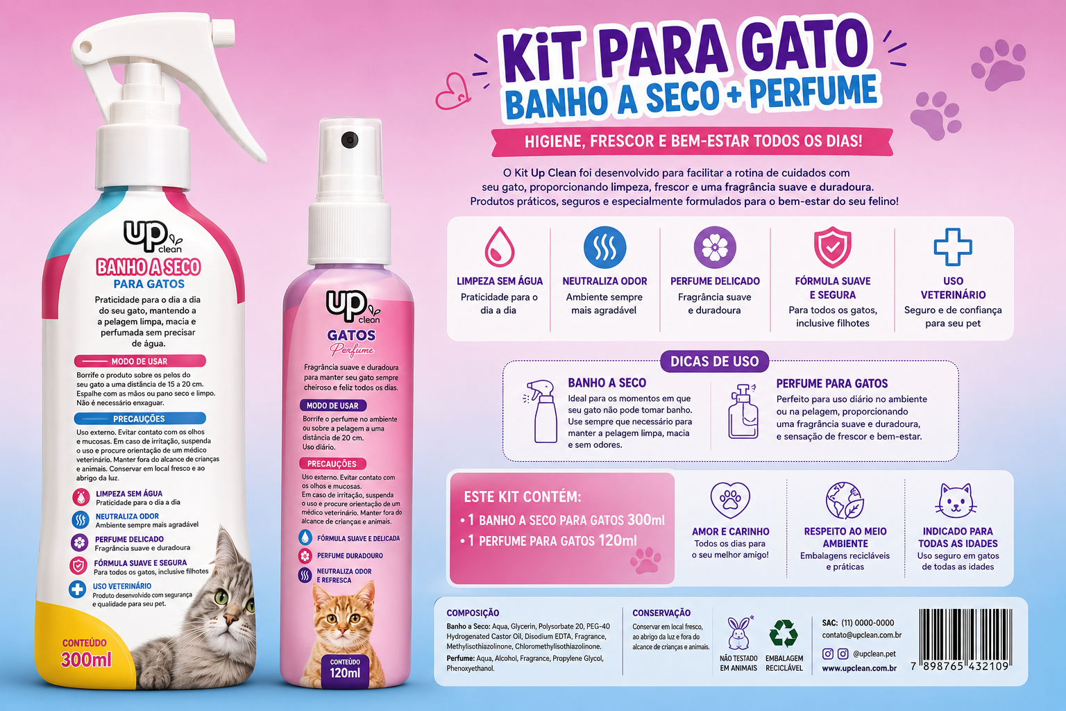 UP CLEAN  Kit para Gatos – Banho a Seco + Perfume • 300ml + 120ml