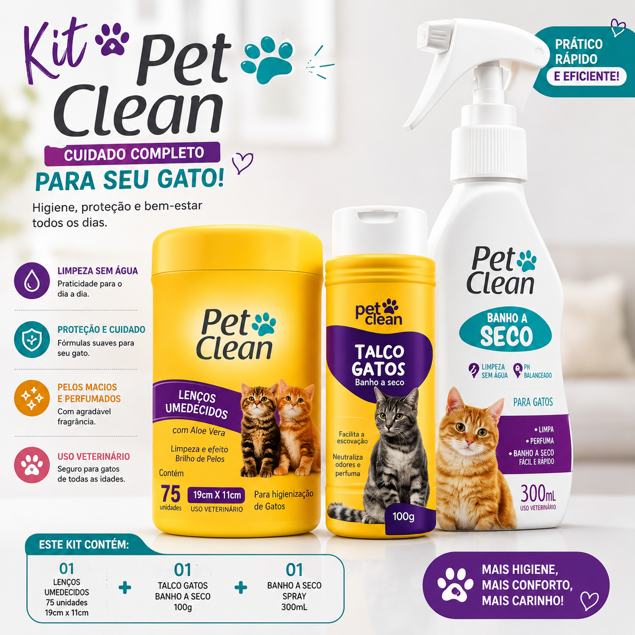 PET CLEAN  Kit Higiene Completa para Gatos Lenços Umedecidos + Talco Banho a Seco + Banho a Seco Spray