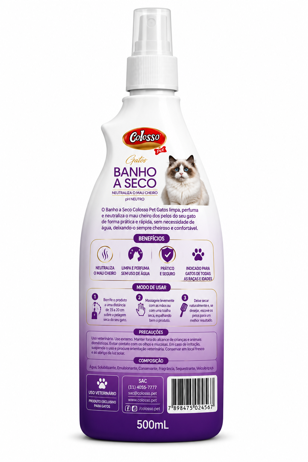 COLOSSO PET GATOS  Banho a Seco para Gatos • 500ml